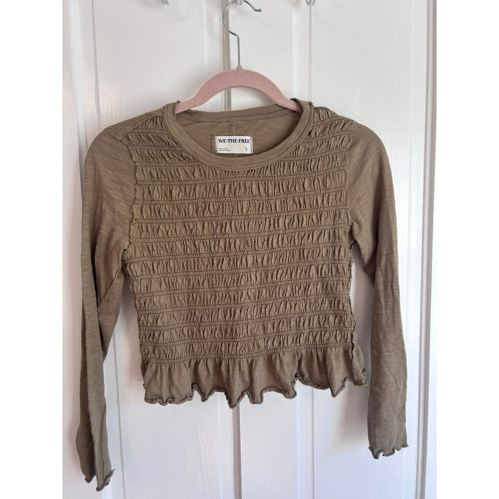 We The Free Smocked Top Womens Small Brown Long Sleeve Lettuce Edge Crop